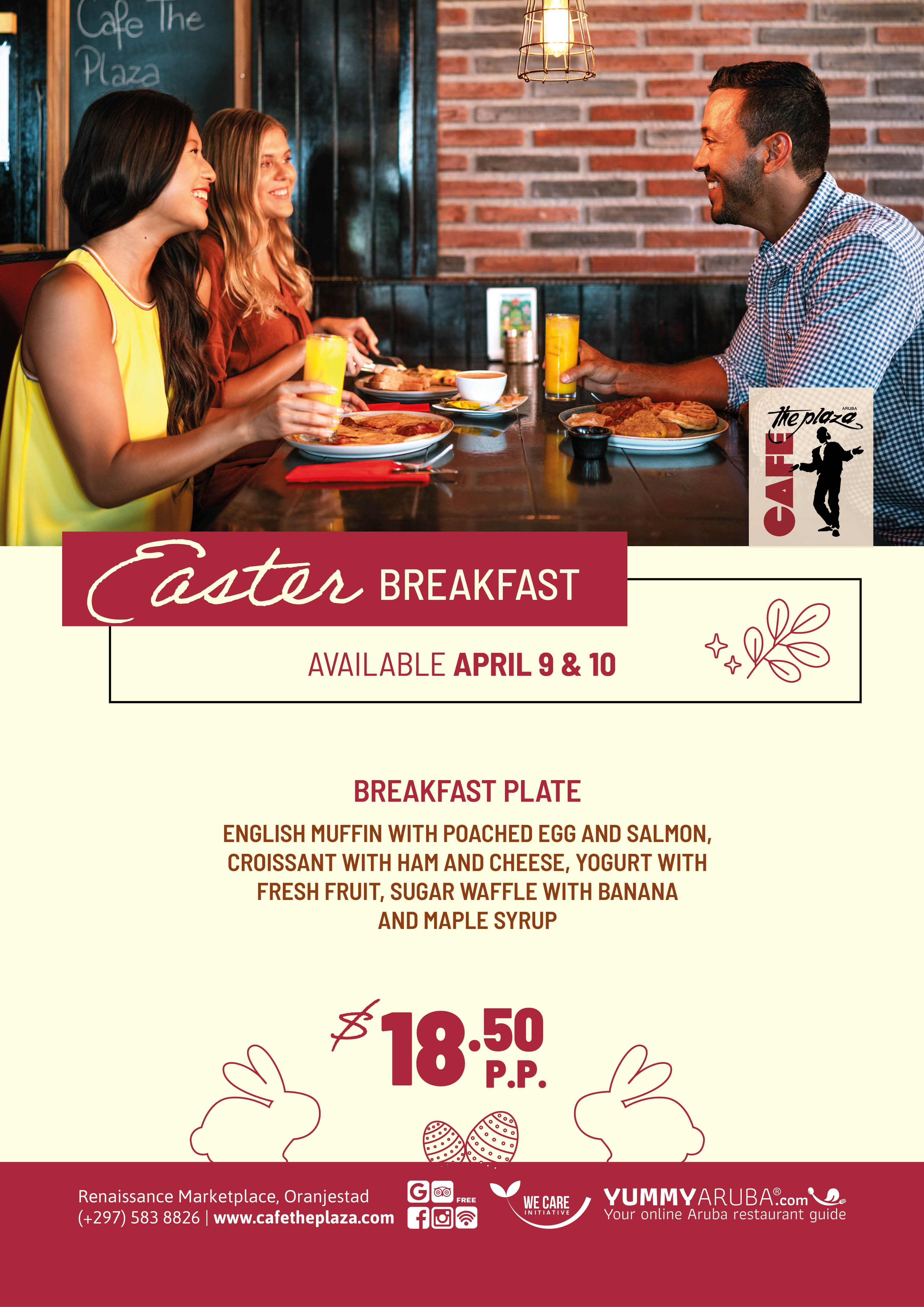 Join us for an amazing experience this Easter weekend at Café the Plaza, located in the heart of the renaissance marketplace. Our must-stop restaurant offers a fun atmosphere, where you can unwind while enjoying a delicious breakfast plate for only $18.50 per person.