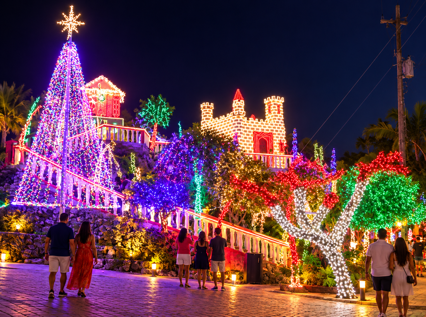 Illuminated castle, Christmas tree, and colorful holiday lights at Cas di Luz in San Nicolas, Aruba.