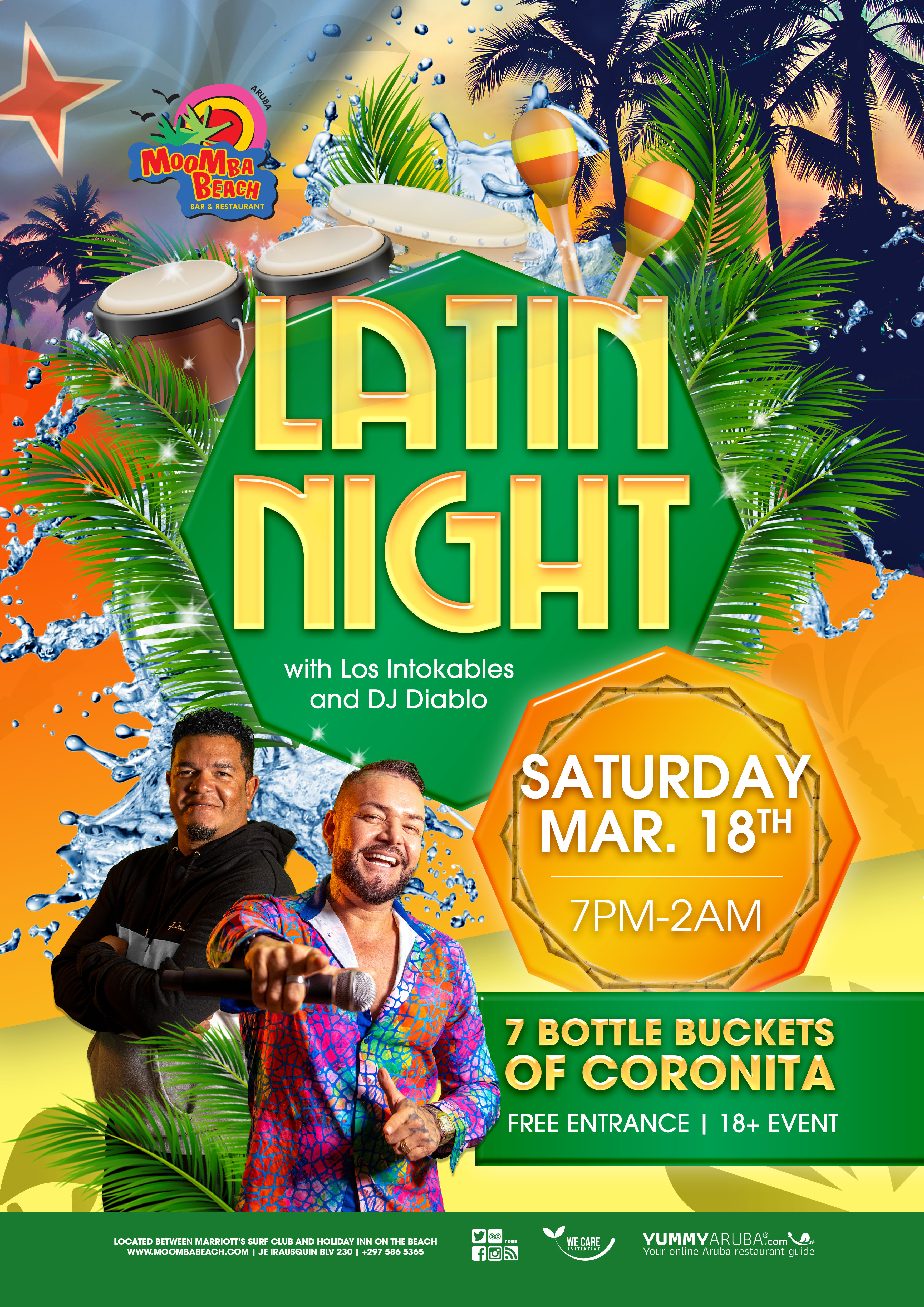 Get ready for an unforgettable night at MooMba Beach! On Saturday, March 18th, we'll be hosting our highly anticipated Latin Night event. Starting at 7PM, join us as we kick off the evening with live music by Latin Grammy Award Winner C-Zar and his band Los Intokables. With their electrifying performances and infectious beats, C-Zar and his band will have you dancing the night away.