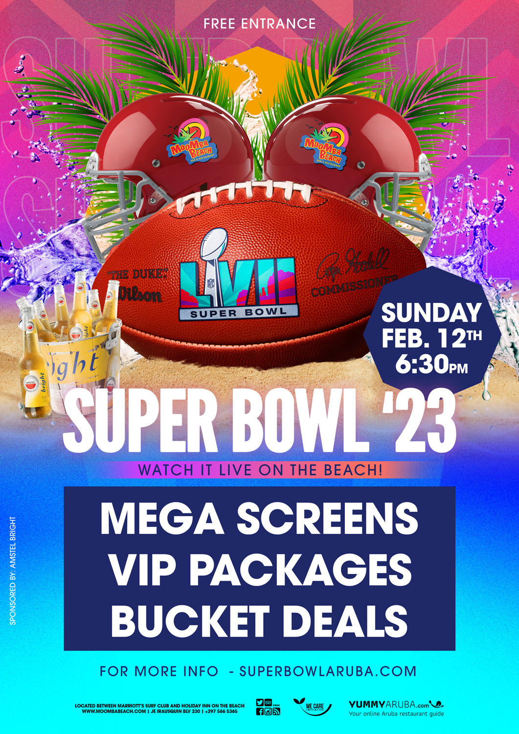 sport. superbowl. sunday.aruba.drinks. food. vip. watch.live.big screen. good time. seating.