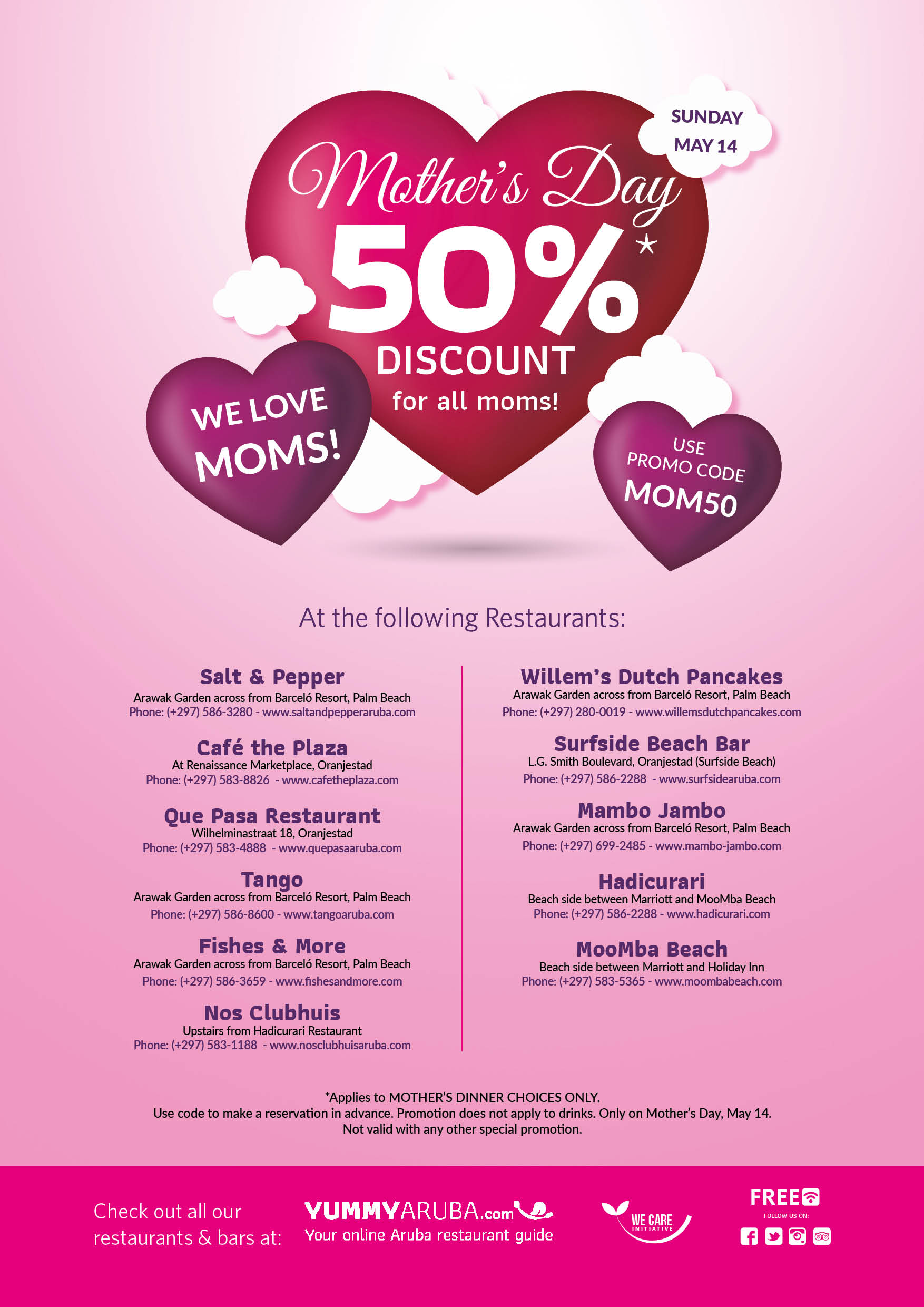 Looking for a special treat for the most important woman in your life? YummyAruba and 11 of the island's top restaurants have teamed up to offer an amazing 50% discount on Mother's Day. Read on to know more!