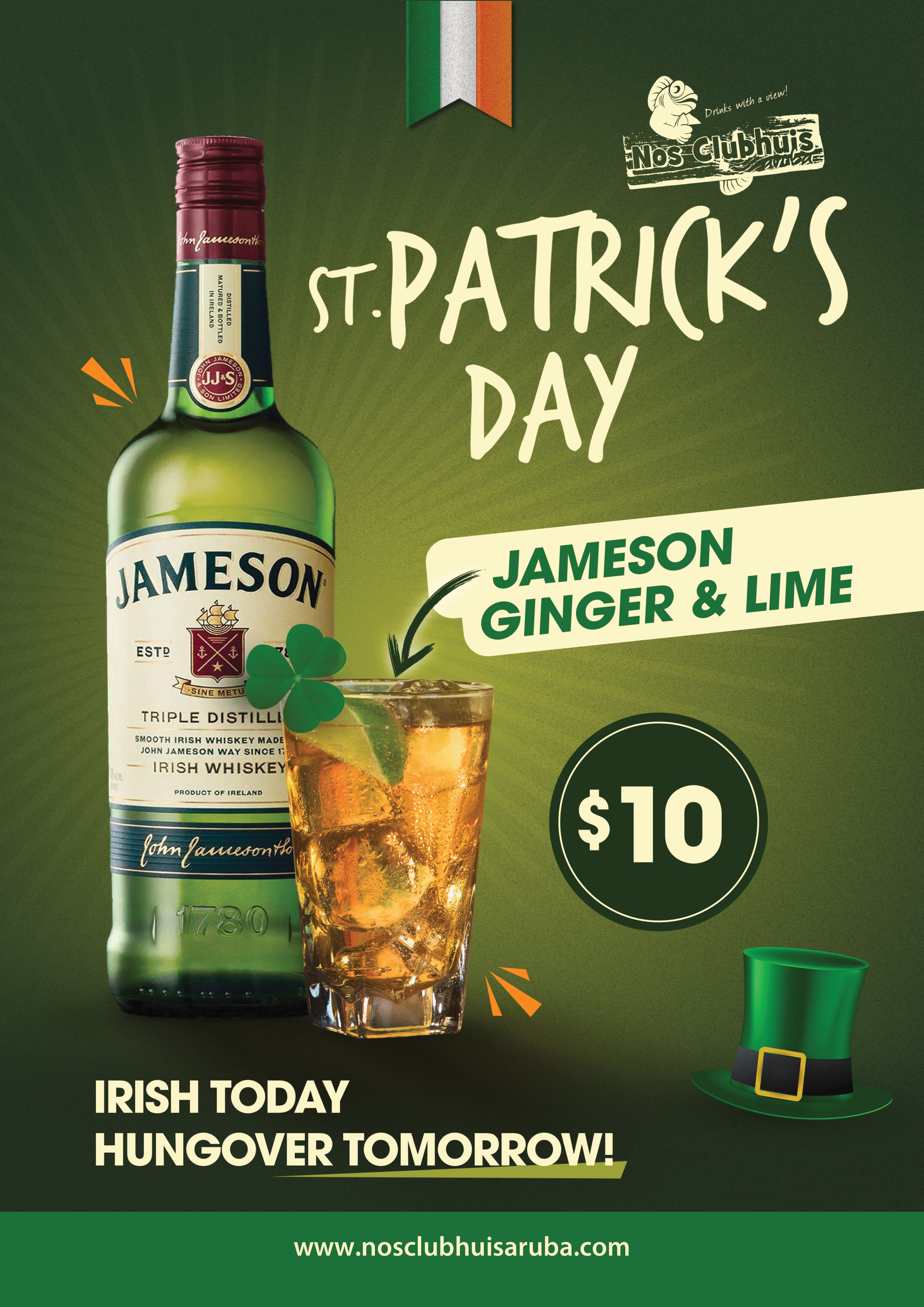 Looking for a fun way to celebrate St. Patrick's Day in Aruba? Look no further than Nos Clubhuis! On Friday, March 17th, Nos Clubhuis will be serving up a special cocktail, the Jameson Ginger & Lime, for just $10. Available from 10 AM to 11 PM, this delicious drink is the perfect way to get into the holiday spirit.