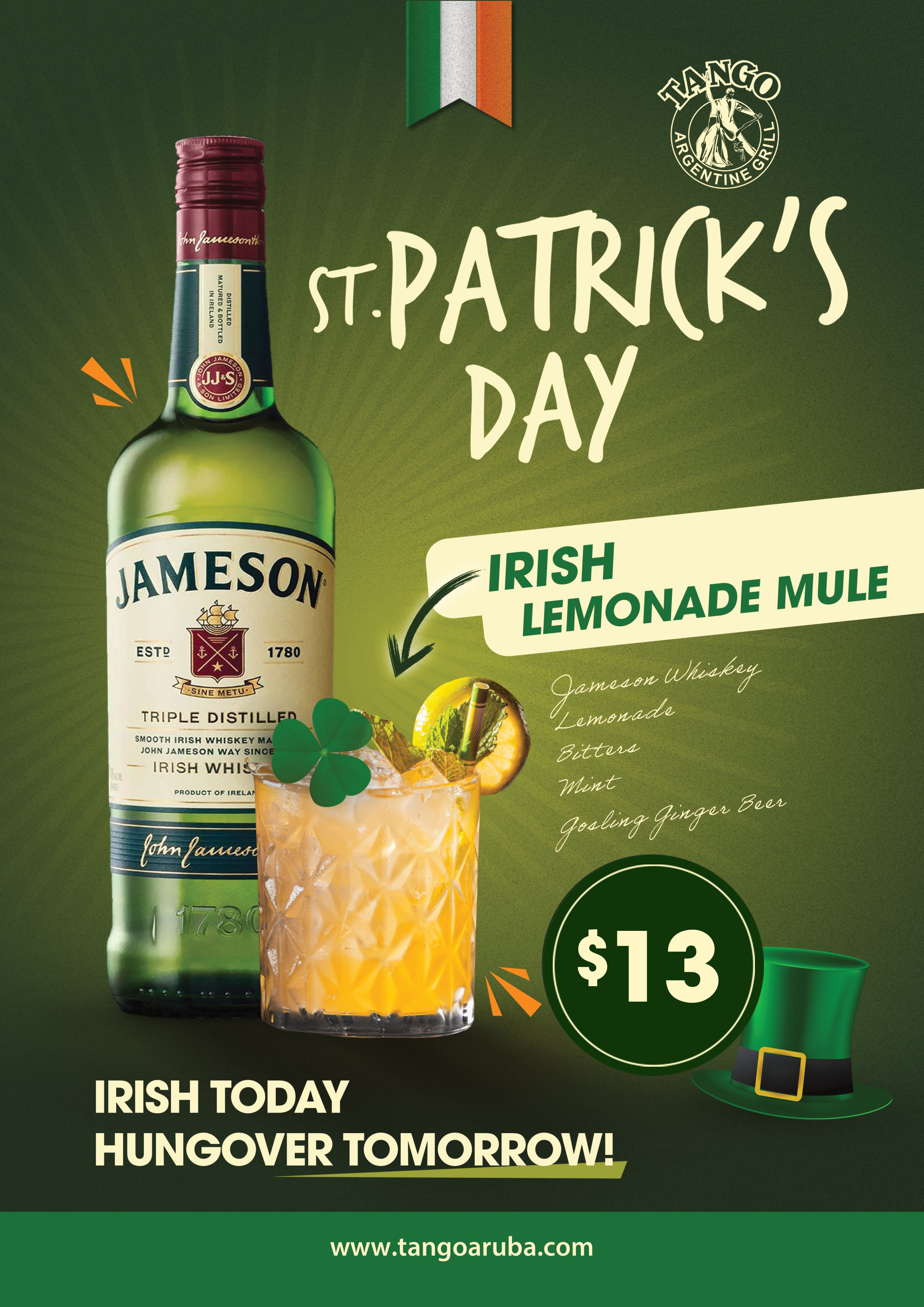 Are you ready to celebrate St. Patrick's Day in style? Come to Tango Argentine Grill and enjoy our festive atmosphere, delicious food, and special cocktails, including the refreshing Irish Lemonade Mule.