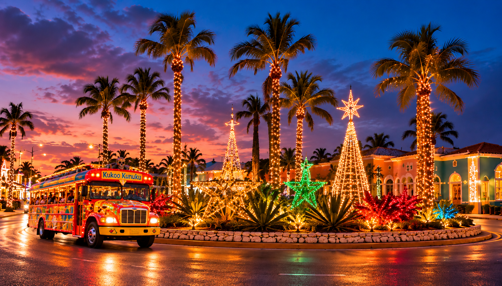 Festive illustration of Kukoo Kunuku's colorful Holiday Lights Express bus beside a Christmas-lit traffic circle in Aruba.